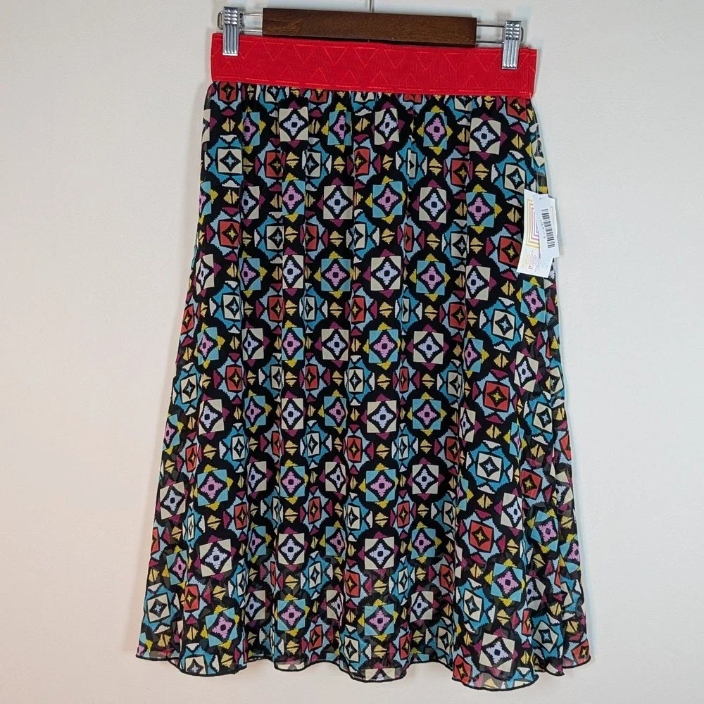 LuLaRoe Lola Skirt Women Small Red Geometric Chiffon Midi A-Line Elastic Waist